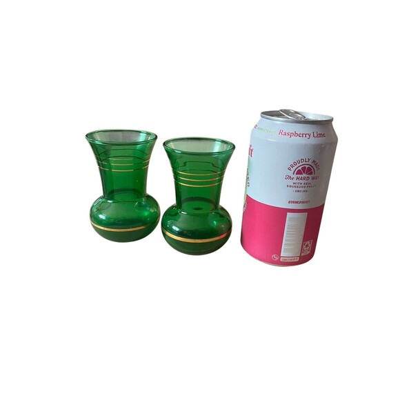 Art Deco Emerald Green Gold Striped 3.75" Glass Bud Vases Czech Glass Set Of 2 - Picture 7 of 7